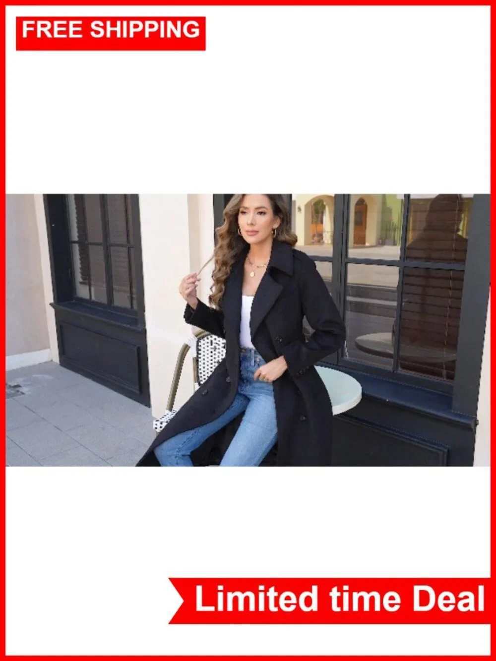 Wool Trench Coat Double Breasted Pea Coat Long Winter Coat with Belt